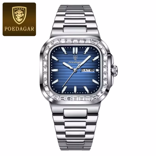 POEDAGAR Luxury Square Diamond Watch For Men Waterproof Luminous Casual Fashion Quartz Men's Watch - Image 2