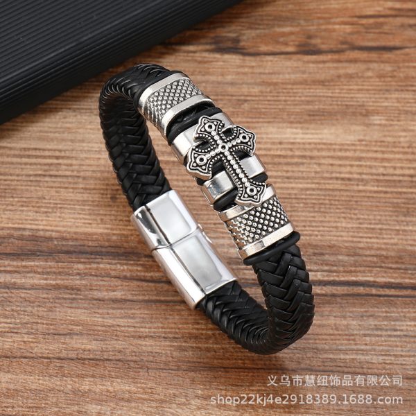 Retro Alloy Leather Cross Bracelet - Image 2